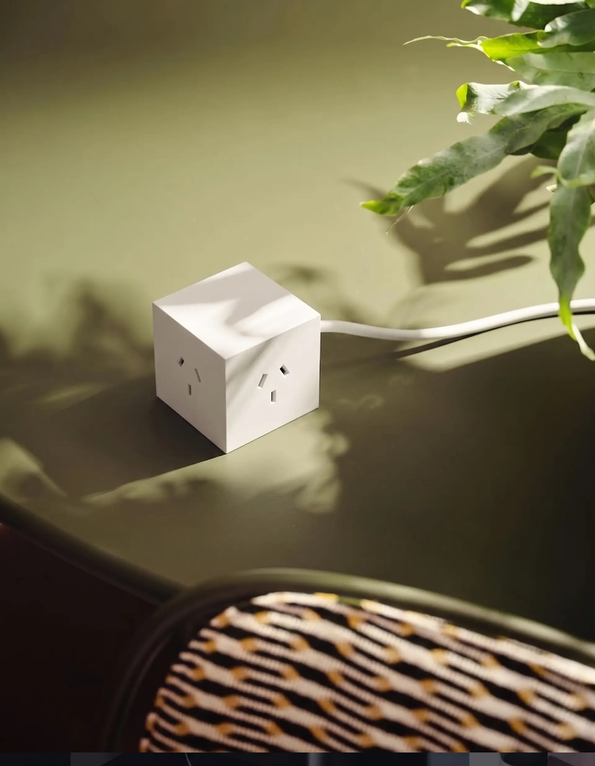 Cubo Blanco sobre una mesa oscura con una planta y sombras de hojas en la pared verde oliva