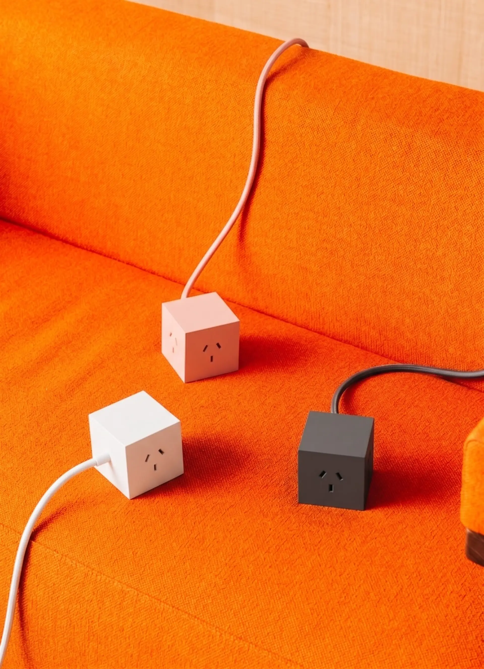 Tres cubos Rosa, Blanco y Grafito sobre un sofá naranja, cada uno con su cable del mismo color